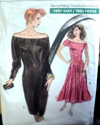 7112 EZ VOGUE OFF SHOULDER SHORT -LONG SLEEVE  STRAIGHT-FLARE DRESS LENGTHS PATTERN 6-10